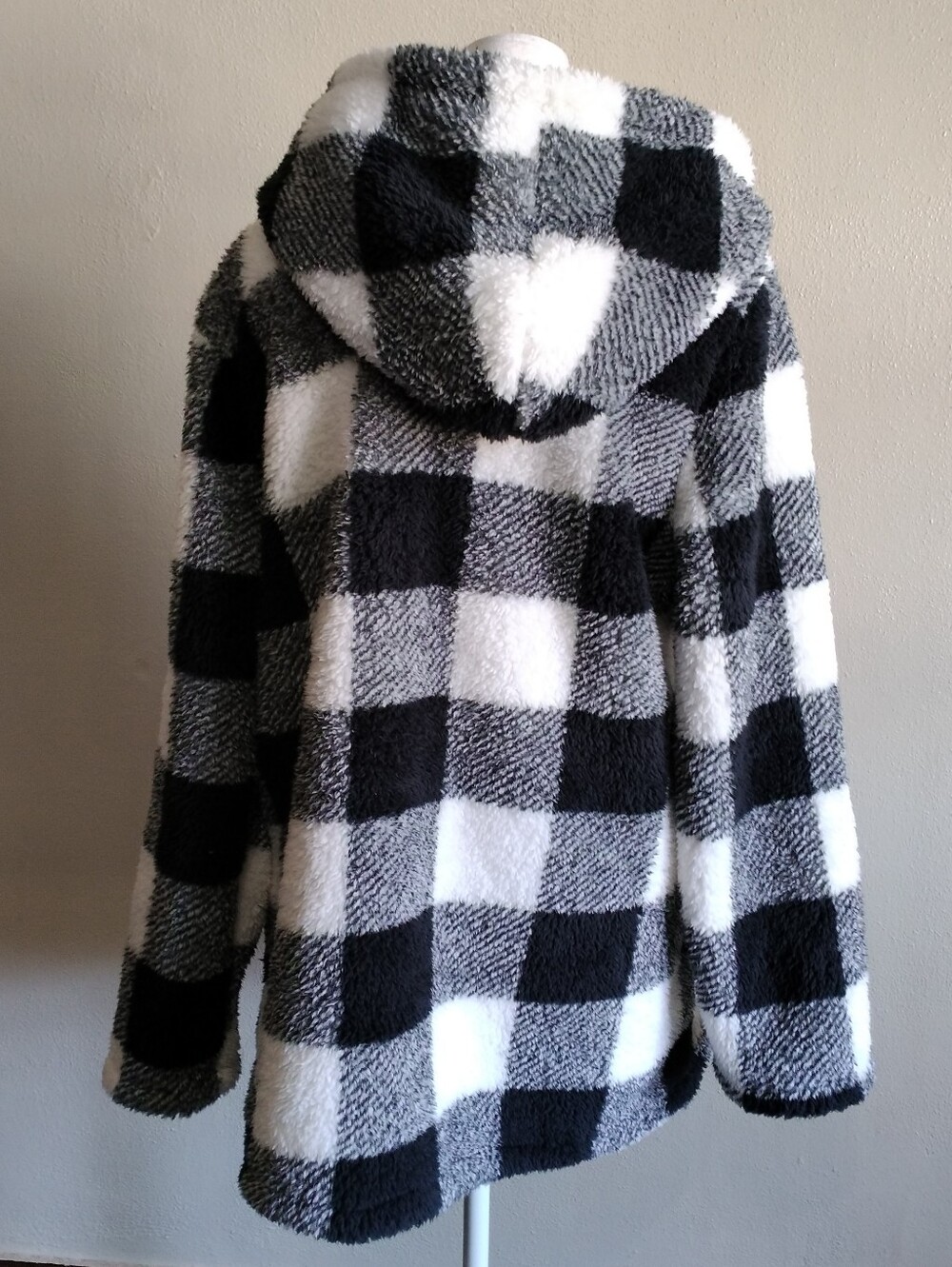 Fleece Black & White Check Pullover Hoodie Hooded Sweatshirt Womens Large - Picture 4 of 9